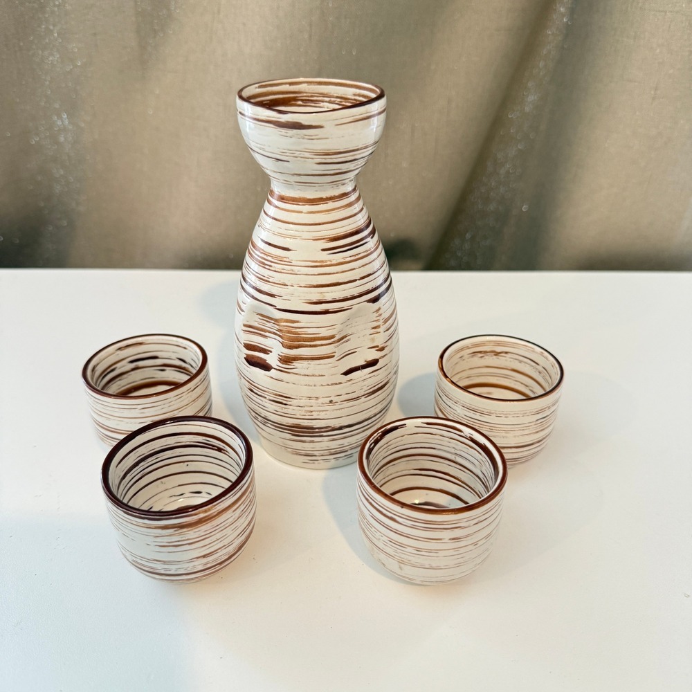 Pier 1 Suki Sake Set Hand Painted Stoneware Brown Swirl Decanter 4 Cups 5pc